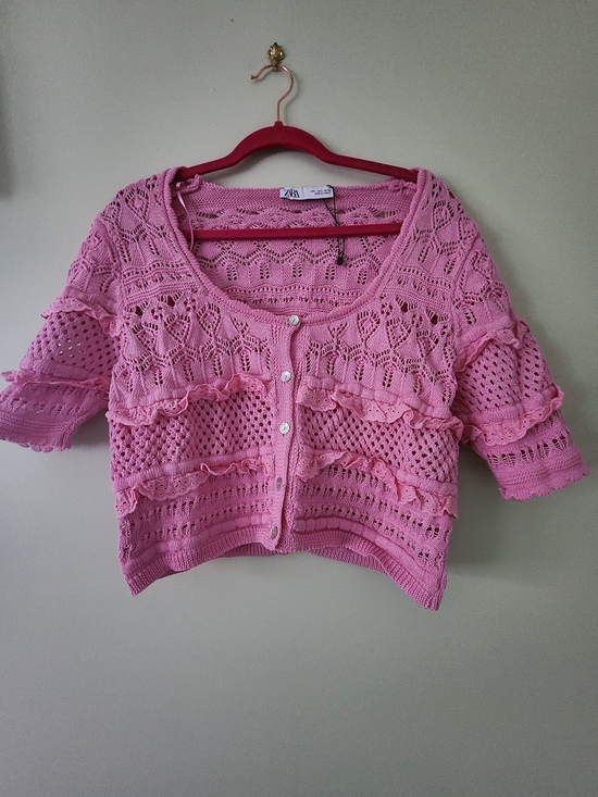 Zara Sweaters - Zara Pink Crochet Button-Front Cardigan with Ruffle Detail